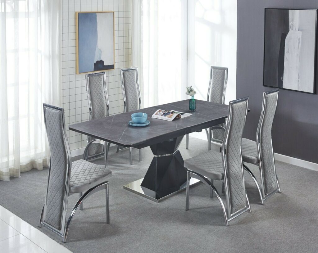Italian Ceramic Marble Top Extending Dining Table & 6 Chairs in Grey