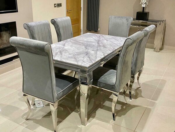 Louis Grey Marble Dining Table with Lucy Grey Velvet Dining Chairs Chrome Legs