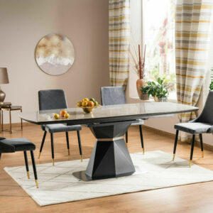 "CORTEZ" Anthracite & Grey Ceramic Marble Extending Dining Table & Velvet Chairs