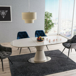 "ENIGMA" White Oval Extending Dining Table with Ceramic Marble Effect Top