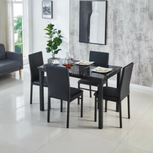 Marble Effect Black Brown Grey Dining Sets with 4/6 Chairs, Black Metal Frame