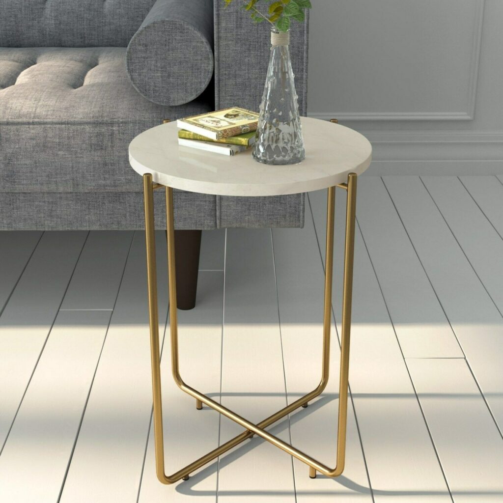 Marble Side Table in White with Gold Metal Martina Marble Tables UK