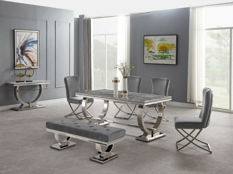Marble Top & Polished Chrome Legs Luxury Grey Dining Table Lounge