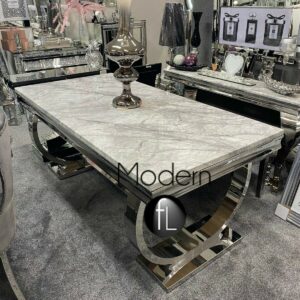 Ariana 1.8m Light Grey Marble Dining Table and 4 Grey velvet Lion Knocker chairs