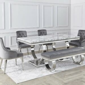 Arianna Dining Room SET Knocker Back Chairs & Cream / Grey Marble Chrome Table