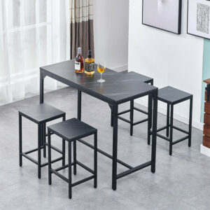 Bar Table and 4 Stools Set Dining Table Chairs Set Black Marble Effect Kitchen