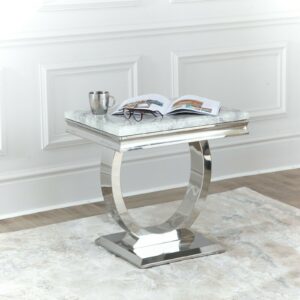 NICHES Chrome Arianna Lamp / Side / End Table Grey Marble 60cm x 60cm