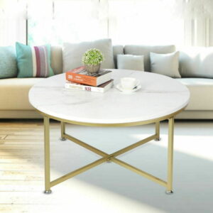 Round Coffee Tables Marble Effect With Metal Legs Modern Sofa Side  Furniture
