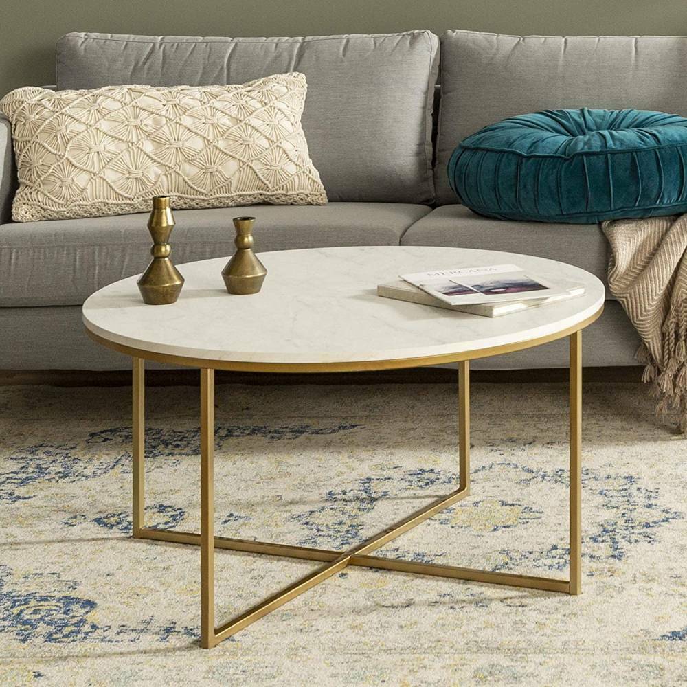 Round Coffee Tea Table Living Room Furniture MDF Marble Effect Round Coffee Tea Table Living Room Furniture MDF Marble Effect Top & Metal Legs