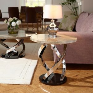 Side Table Lamp Round Replica Marble Black Gloss Chrome Plated Frame Jupiter