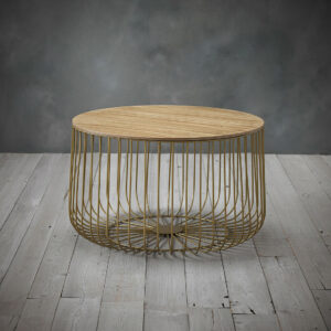 Gold Metal Large Cage Coffee Table / Enzo Modern Side End Table Oak Style Top