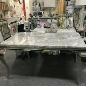 Louis table with grey solid marble top 1.5, 4x Grey Lion Knocker, 1x bench