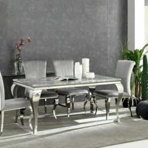 1.6 grey marble Louis dining table with x6 Grey velvet Louis dining chairs
