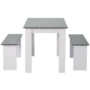 Artificial Marble Dining Table with 2 Benches Chair Set for Kitchen, Dining Room