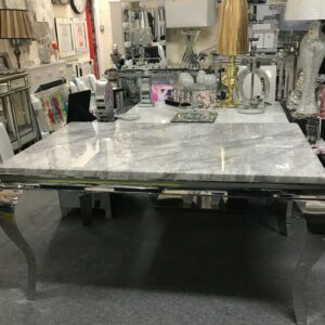1.8 louis marble dining table with x4 grey lion knocker chairs & matching bench