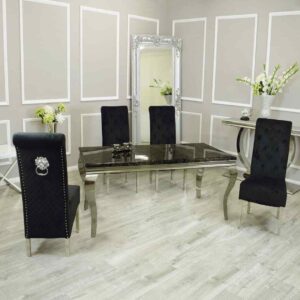 Louis Black Marble 140CM Dining Table + Lucy Slim Lion Knocker Velvet Chairs