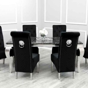 Louis Black Marble 200CM Dining Table + Lucy Black Lion Knocker Velvet Chairs