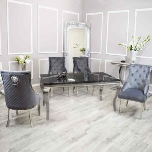 Louis Black Marble 140CM Dining Table + Grey Lion Knocker Velvet Chairs