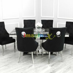 Ariel 180cm Black Marble Dining Table + Black Lion Knocker Plush Velvet Chairs