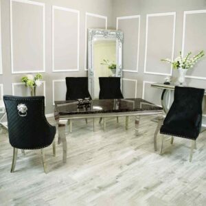 Louis Black Marble 200CM Dining Table + Black Lion Knocker Velvet Chairs