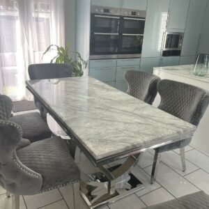 Arianna Grey Solid Marble Dining Table 180cm x 90cm Velvet Lion Knocker Chair
