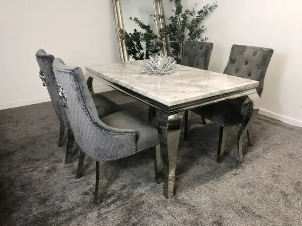 Lion Knocker Velvet Dining Chairs, White Marble Dining Table With Grey Chairs
