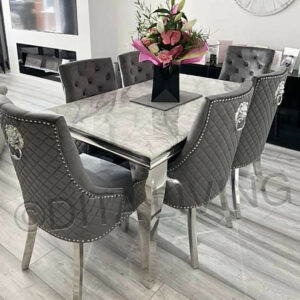 150cm marble dining table + 6 quilted back velvet lion knocker chairs grey