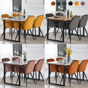 1.5M Grey Dining Table and Velvet Chairs 4-6 Set Padded Chairs Home Kitchen UK