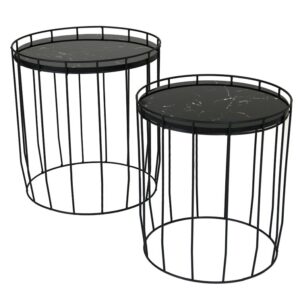 Ivy Bronx Marble Effect Cage Side Table Set Black