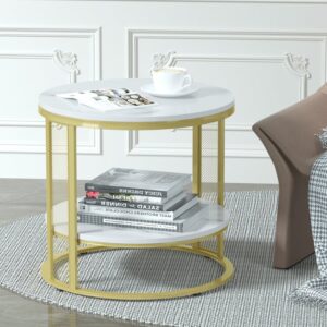Two-tier Marble Effect Coffee Table Large Sofa Side End Table Golden Metal Frame